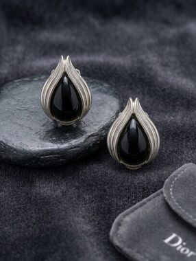 Vintage Christian Dior Silver Black Teardrop Clip-On Earrings Signed